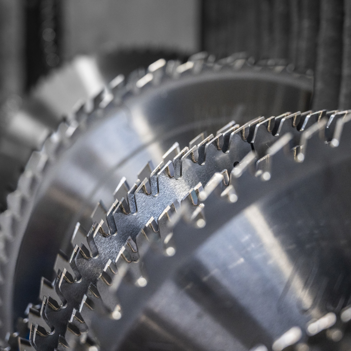 Circular saw blades in a rack